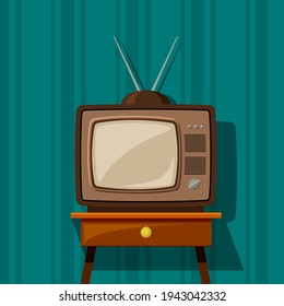 Retro TV on bedside table illustration. Classic brown tube design for video and news viewing fascinating start to era home cinema industry and expanding view world. Broadcasting vector.