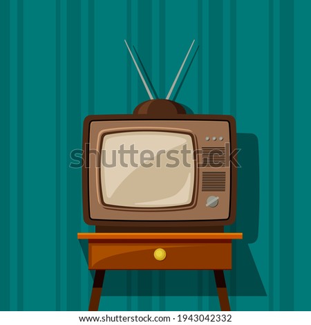 Retro TV on bedside table illustration. Classic brown tube design for video and news viewing fascinating start to era home cinema industry and expanding view world. Broadcasting vector.