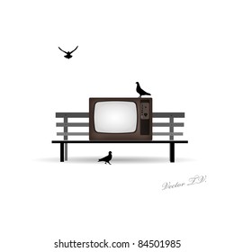 Retro TV on the bench and pigeons