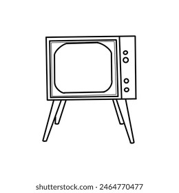 Televisor retro en patas con pantalla convexa y Botones en el lateral. Ilustración vectorial. El televisor está dibujado en Vector en negro, con un contorno. Para diseño, creación de visualizaciones 3D, impresión, scrapbooking.