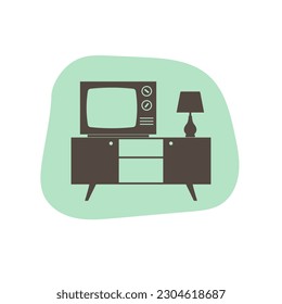 Retro TV on nightstand with table lamp. Interior futniture icon. Flat design