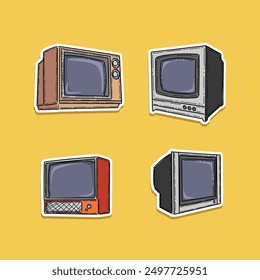 Ilustración retro del diseño del Vector del estilo de la etiqueta engomada de la colección del paquete de la TV aislada en un fondo amarillo. Antiguo televisor