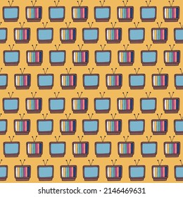 Retro TV pattern. 90s or 80s style doodles seamless background. Colorful old television. Doodle illustration for vintage designs.