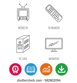 Retro TV, PC Case And Monitor Icons. TV Remote Linear Sign. Award Medal, Growth Chart And Opened Book Web Icons. Download Arrow. Vector