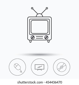 Retro TV, PC mouse and disc icons. Widescreen TV linear sign. Linear icons in circle buttons. Flat web symbols. Vector