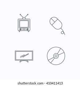 Retro TV, PC mouse and DVD disc icons. Widescreen TV linear sign. Flat linear icons on white background. Vector
