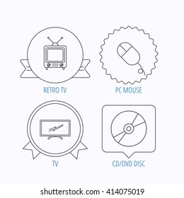 Retro TV, PC mouse and DVD disc icons. Widescreen TV linear sign. Award medal, star label and speech bubble designs. Vector
