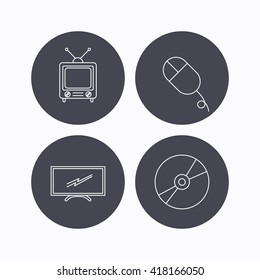 Retro TV, PC mouse and DVD disc icons. Widescreen TV linear sign. Flat icons in circle buttons on white background. Vector