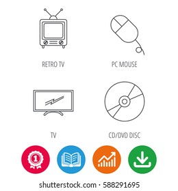 Retro TV, PC mouse and DVD disc icons. Widescreen TV linear sign. Award medal, growth chart and opened book web icons. Download arrow. Vector