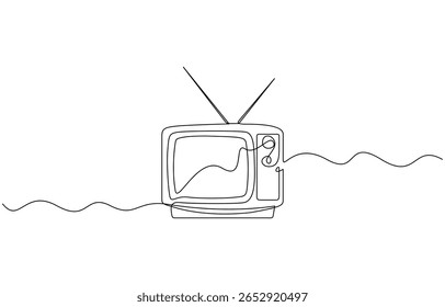 Retro TV player single outline illustration. Continuous line art drawing of old tv, Continuous one line drawing of vintage analog television. Simple Retro TV hand drawn editable outline vector.