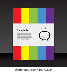 Retro TV Poster Design – Rainbow Stripes and White Text Block for Media and Entertainment Themes. A vertically oriented poster design featuring a central white block with a retro television icon and placeholder text. Surrounding the central section are vertical rainbow-colored stripes (red, orange, yellow, green, blue, purple) set against a dark gray to black gradient background. The vibrant color scheme and nostalgic TV graphic make this vector design ideal for media-related visuals, entertainment promotions, editorial layouts, and creative presentations. Perfect for projects involving broadcasting, retro aesthetics, or expressive communication. Suitable for both commercial and editorial use across print and digital platforms.