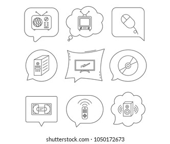 Retro TV, radio and DVD disc icons. PC mouse, VHS cassette and sound speaker linear signs. Linear Speech bubbles with icons set. Comic chat balloon. Vector