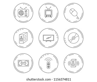 Retro TV, radio and DVD disc icons. PC mouse, VHS cassette and sound speaker linear signs. Linear Circles web buttons with icons. Vector
