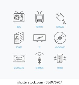 Retro TV, radio and DVD disc icons. PC mouse, VHS cassette and sound speaker linear signs. Linear set icons on white background.