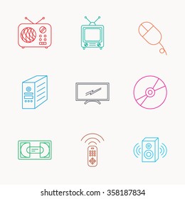 Retro TV, radio and DVD disc icons. PC mouse, VHS cassette and sound speaker linear signs. Linear colored icons.