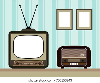 Retro TV and Radio in the Interior. Vector Illustration. Flat Style. Retro Decorative Background, Cards, Posters, Banners, Stickers, Placards.