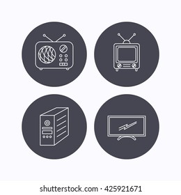 Retro TV, radio and PC case icons. Computer linear sign. Flat icons in circle buttons on white background. Vector