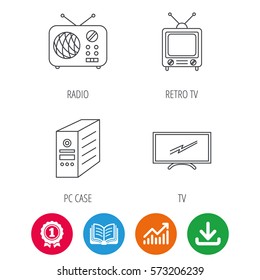 Retro TV, Radio And PC Case Icons. Computer Linear Sign. Award Medal, Growth Chart And Opened Book Web Icons. Download Arrow. Vector