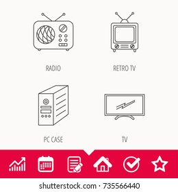 Retro TV, radio and PC case icons. Computer linear sign. Edit document, Calendar and Graph chart signs. Star, Check and House web icons. Vector