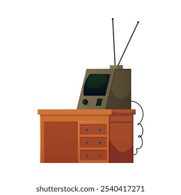 Retro TV receiver on a wooden table. Bunker computer desk with antenna and monitor. Military vintage control command station. Vector flat illustration isolated on white background