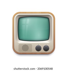 Retro tv screen interface icon of multimedia or television app vector design. Isolated glass monitor of vintage tube tv set with knob buttons and wooden case, 3d button of web application ui or gui