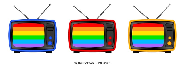 Retro-TV-Bildschirm mit Regenbogen-Flagge Banner darauf. Happy Pride Month. Liebe ist Liebe, Regenbogenfahne, LGBT Stolz. Juni 2024.