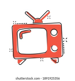 Retro tv screen vector icon in comic style. Old television cartoon illustration on white isolated background. Tv display splash effect business concept.