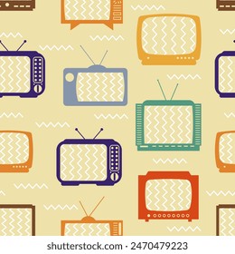 Retro tv screens seamless pattern. Abstract vintage television with textures elements. Old style digital print for textile and wrapping, decent vector background