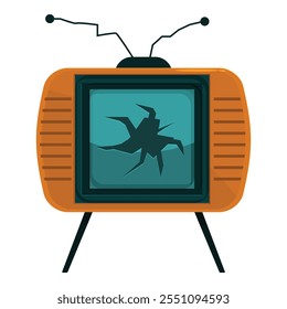 Televisor retro con pantalla rota que muestra grietas de Web de araña, que simbolizan la tecnología obsoleta y la necesidad de reparación o reemplazo