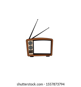 Retro TV set, Flat chocolate color television with antenna icon symbol sign isolated on white background,