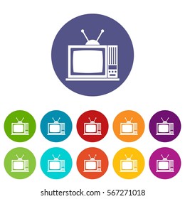 Retro TV set icons in different colors isolated on white background