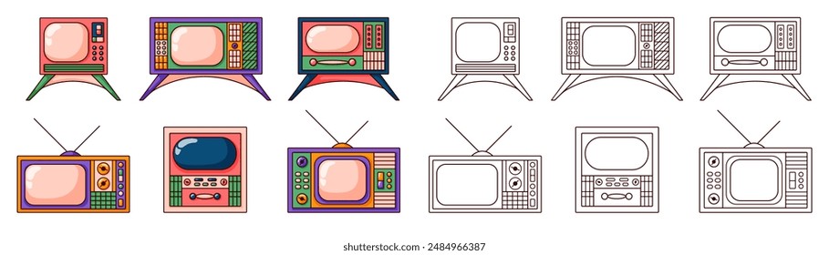 Retro TV set in pop cartoon style. Line art vintage pink collection with screen for coloring book design. Vector illustration isolated on a white background.