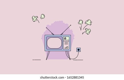 Retro TV set with pop corn. Flat icon on pink background. Cartoon style. Vector illustration, isolated