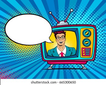 Retro tv set with sexy surprised man with wide open eyes and mouth in glasses,  suit and speech bubble for your text. Vector background in comic retro pop art style. Party invitation poster.