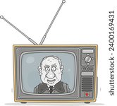 Retro TV set showing an old government official in a propaganda television talk show with ideological brainwashing, vector cartoon illustration isolated on a white background