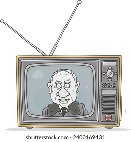 Retro TV set showing an old government official in a propaganda television talk show with ideological brainwashing, vector cartoon illustration isolated on a white background