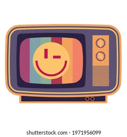 Retro tv set with smile emoji on screen. Vector illustration of cartoon character with happy expression. Isolated on white