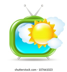 Retro Tv Set With Sun And Clouds, Isolated On White Background, Vector Illustration