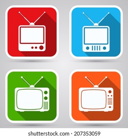 Retro TV set vector icons. White flat miniatures with long shadows.
