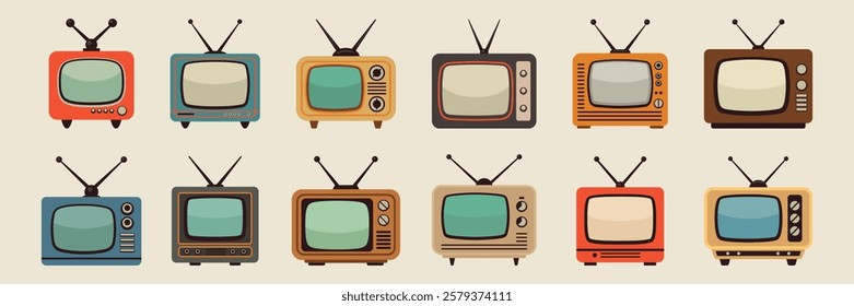 Retro TV Set. Vector Vintage Television Collection. Old TV Icon Pack. Retro, Vintage TV, Classic, Antique TV, Old Television, Vector Illustration. Retro Electronics, Vintage Screen