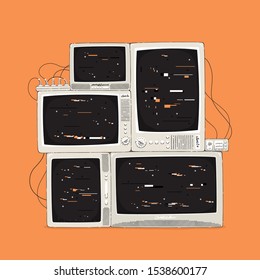 Retro TV sets with glitch effect. Hand drawn doodle featuring media 90s. Vector illustration.