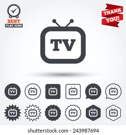 Retro TV sign icon. Television set symbol. Circle, star, speech bubble and square buttons. Award medal with check mark. Thank you. Vector