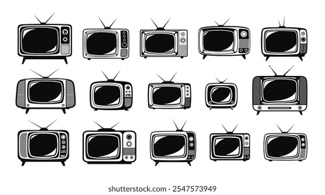 Retro TV silhueta preto velho ícone da televisão da moda set vetor ilustração plana. Tecnologia de transmissão de vídeo multimídia analógica caixa de tela de relógio com entretenimento de mídia de antena