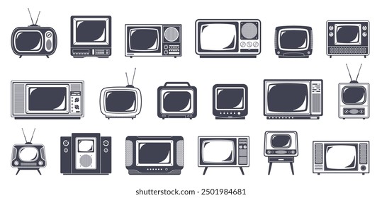 Siluetas de tv retro. Video Iconos en blanco y negro, televisores vintage, equipos de medios, Elementos de difusión en todo el mundo, diseño de logotipos, etiqueta de nostalgia o emblema, hoy en día Vector aislado conjunto