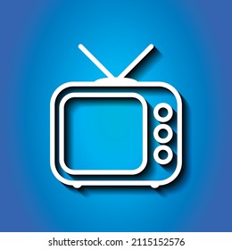 Icono simple de Retro TV. Diseño plano. Icono blanco con sombra sobre fondo azul.ai