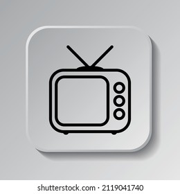 Icono simple de Retro TV. Diseño plano. Icono negro en botón cuadrado con sombra. Fondo gris.ai