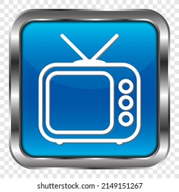 Retro TV simple icon. Flat design. Metal, blue square button. Transparent grid.ai