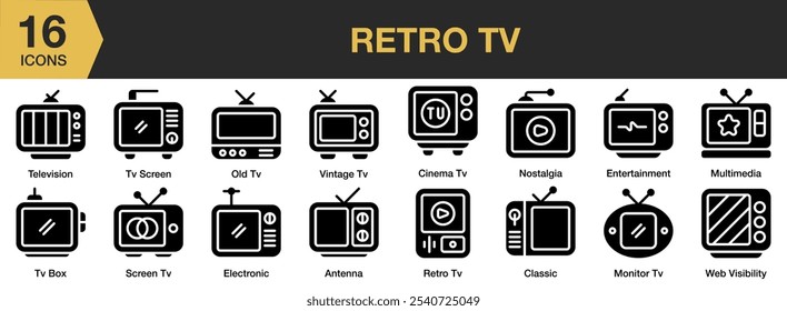 Conjunto de ícones sólidos de TV Retro. Inclui antena, antique, cinema tv, clássico e Mais. Coleção vetorial de ícones sólidos.