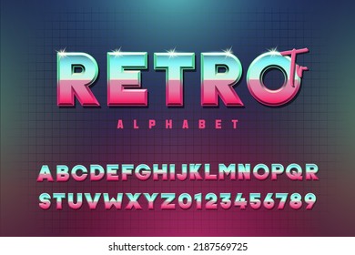 Retro TV vector alphabet. Modern font with blue, green and pink color. Metallic chrome effect with color gradient. Gaming, music or other retro, modern or futuristic subjects.