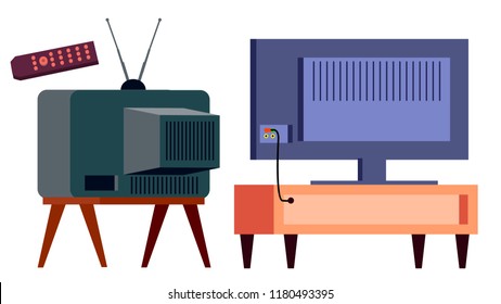 Retro Tv Vs Modern HD Plasma Vector. Backside. lcd panel And Vintage Old Analog Display Screen. Isolated Cartoon Illustration